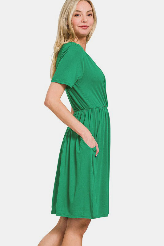 Zenana Surplice Short Sleeve Brushed DTY Dress f25d5530-db0d-44c2-8db8-6f3fd7799153-Max Trendsi
