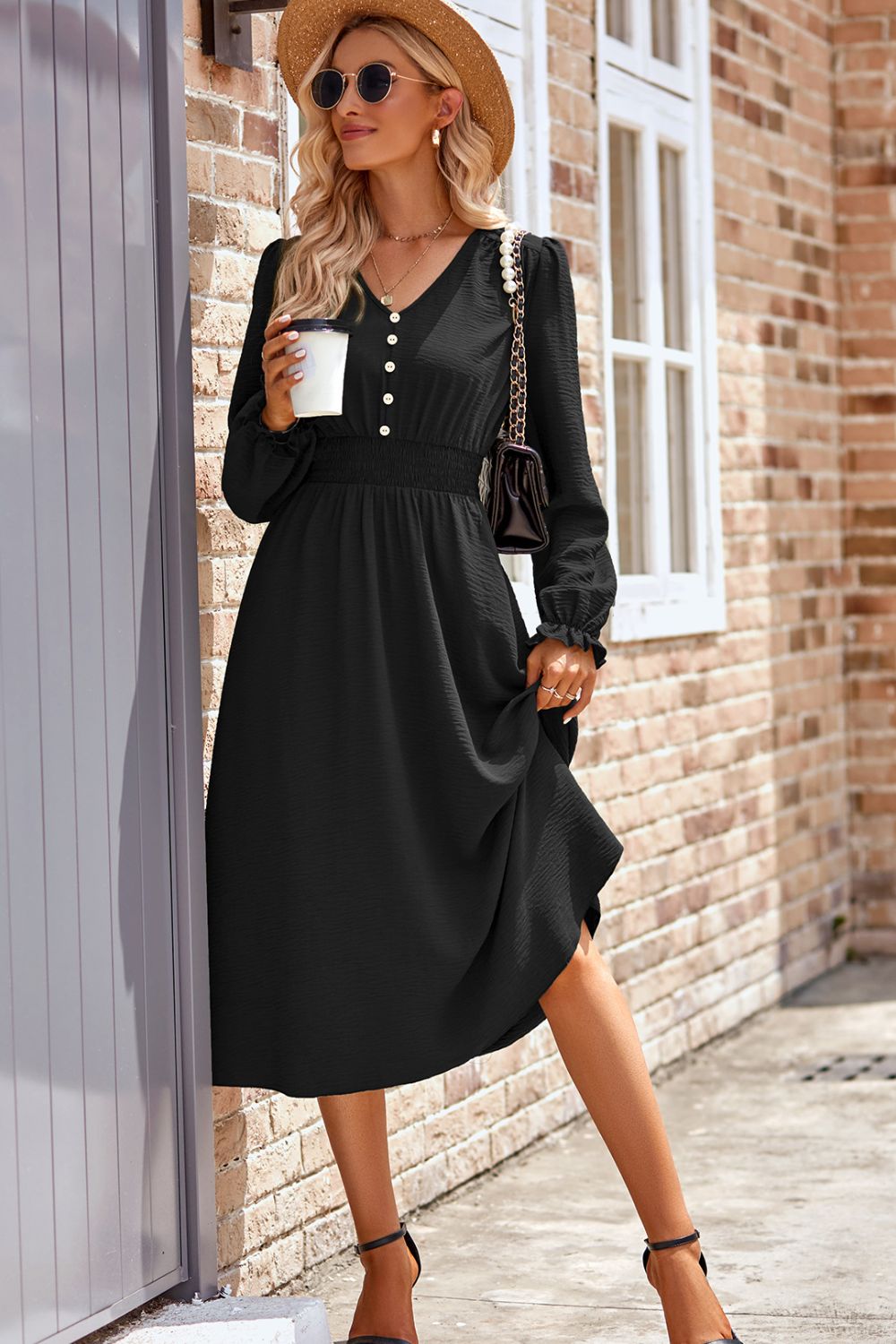 Smocked V-Neck Flounce Sleeve Midi Dress f26335fd-bb65-4281-bad6-7631dba8eb25-Max Glownestbest
