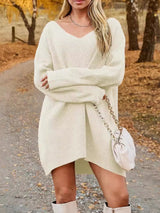 V-Neck Dropped Shoulder Sweater Dress Cream f26b8ecb-d372-4f74-9495-ef4e526c670c-Max Glownestbest