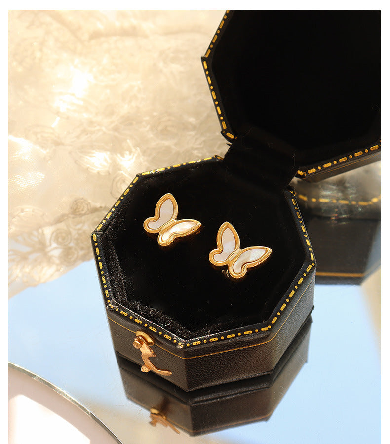 18k Gold Simple Butterfly White Seashell Design Necklace Earrings Set Earring Gold f2beb6fb-6055-41a5-866b-724987bec4ec Artshiney