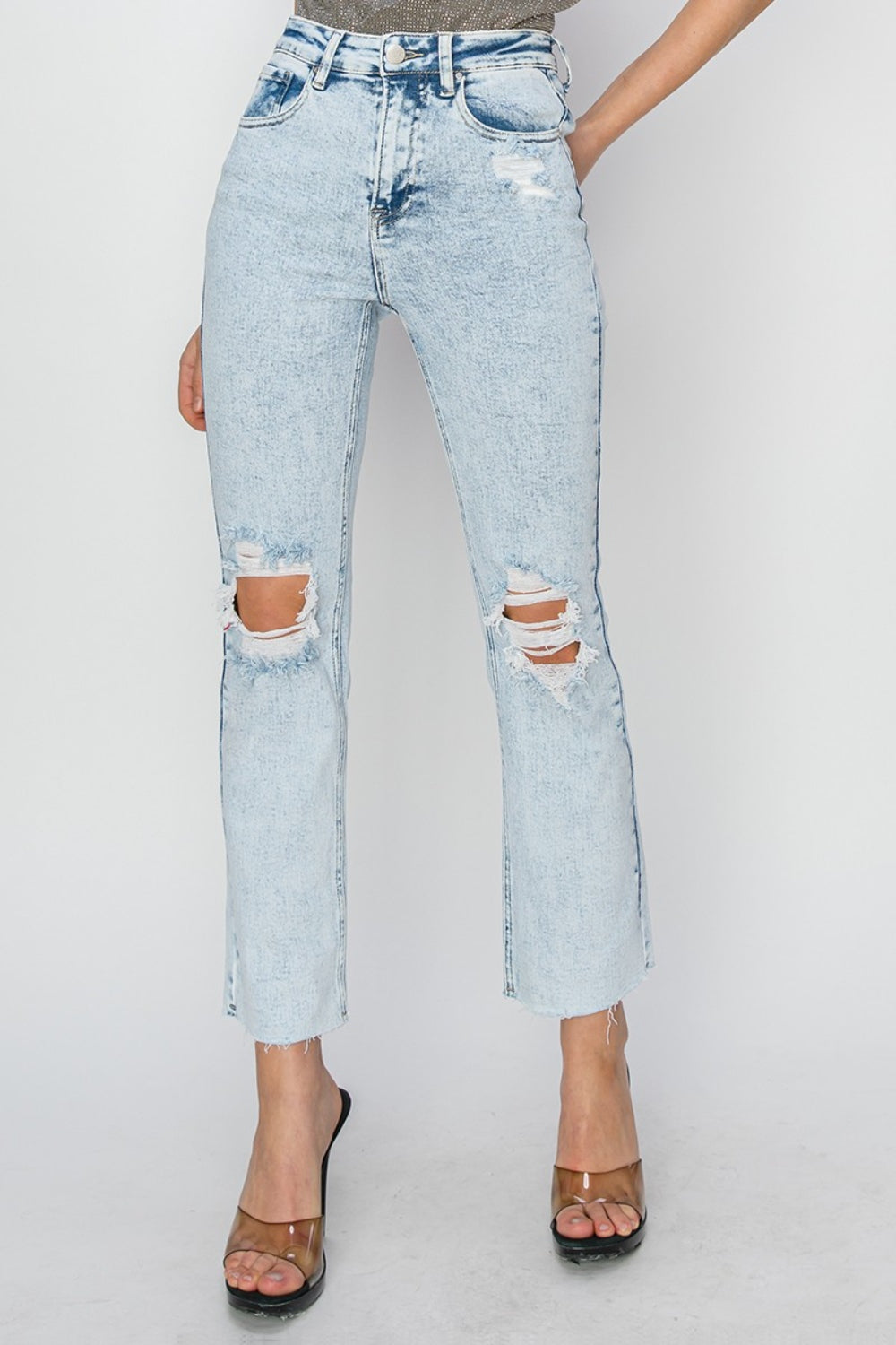 RISEN High Rise Distressed Ankle Jeans Acid Light f34973d7-69e9-48e8-ae2f-e5207cf06372-Max Trendsi