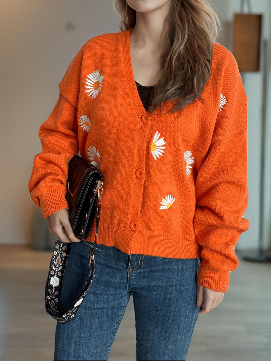 Daisy Button Up V-Neck Cardigan f34b6e47-8fa8-4ef3-bcbc-ac18331e8d52-Max Glownestbest