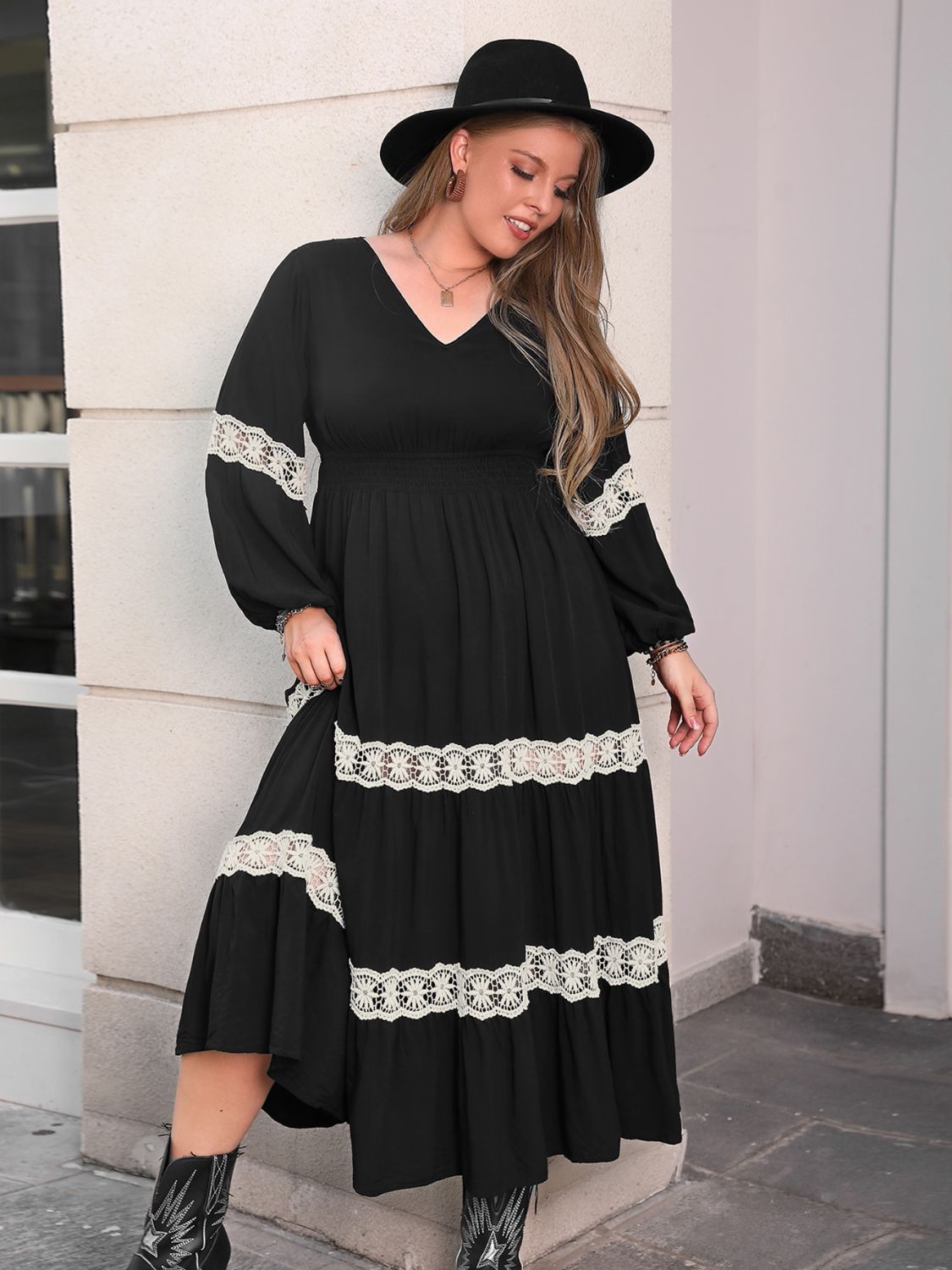 Plus Size Lace Detail V-Neck Long Sleeve Midi Dress Black f35d1bbf-4ce7-474c-8d7c-778401f24330-Max Glownestbest