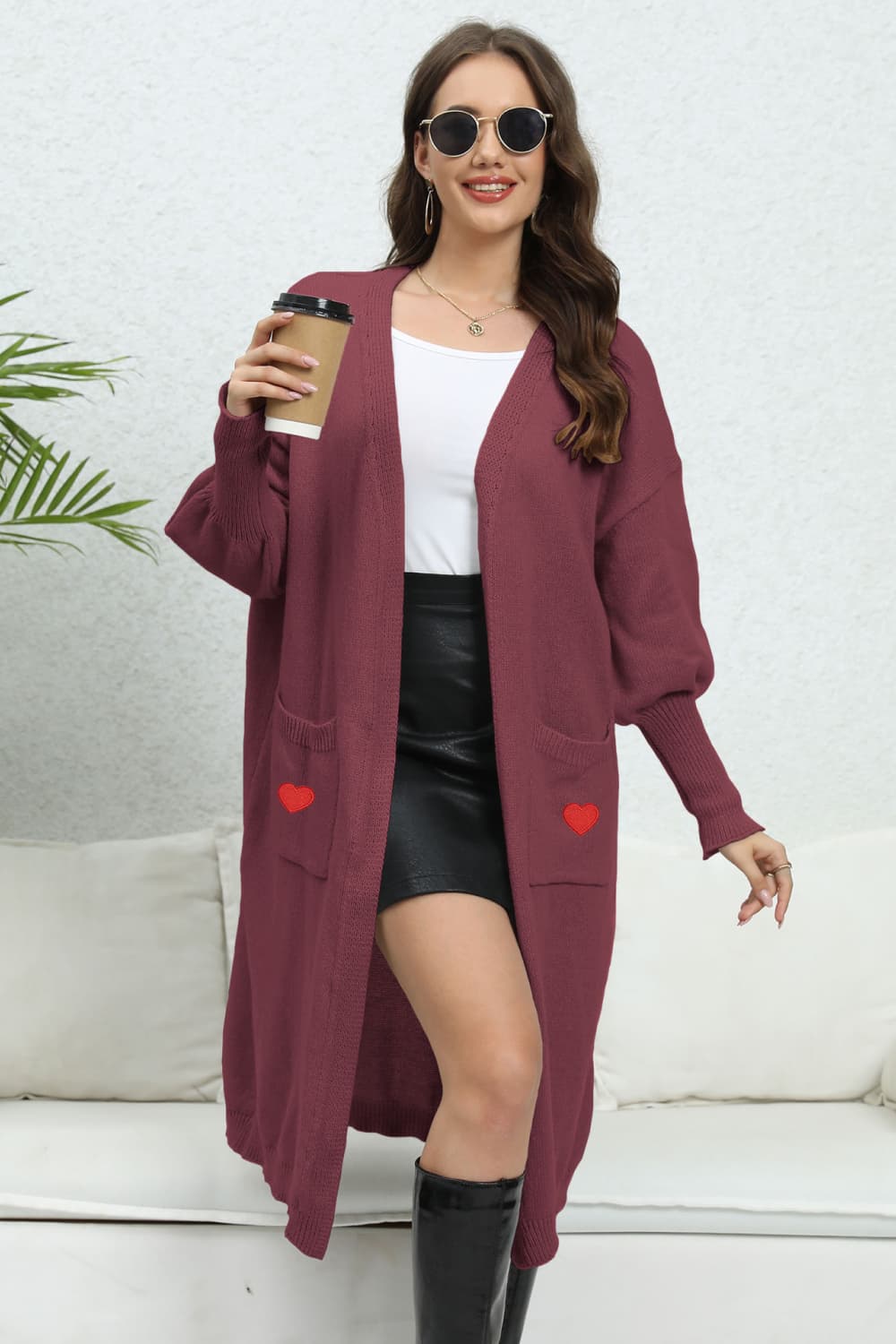 Lantern Sleeve Open Front Pocketed Cardigan Burgundy One Size f36a0144388d4105997264575986a1f6-Max Glownestbest