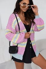Striped Lantern Sleeve Dropped Shoulder Cardigan Pink Purple f36ab304-ddd5-415e-ba94-b7f9ad6dcfe8-Max Glownestbest