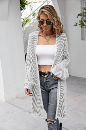 Glownestbest® | Herringbone Pattern Open Front Longline Fuzzy Cardigan Gray f4dd684b3d7e48fbb7a5f812bd36c95d-Max Glownestbest