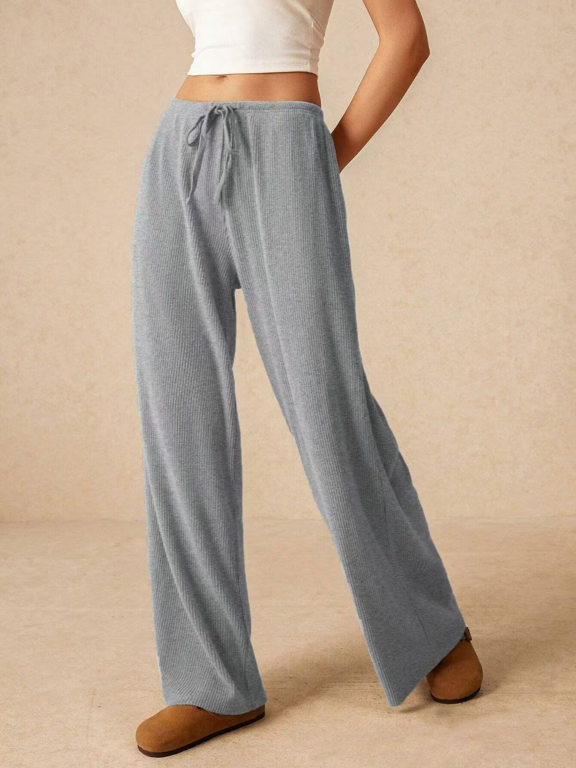 Ribbed Drawstring Wide Leg Pants Gray f50469fa-bfa2-49aa-a37a-ee94dd7755de-Max Trendsi