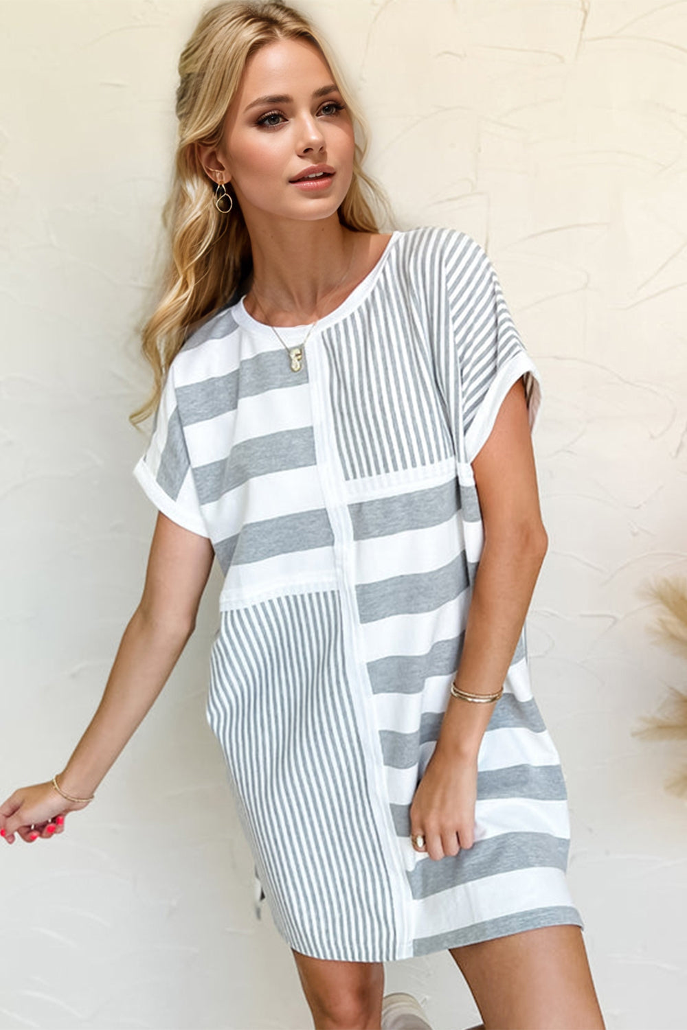 Oh Full Size Striped Round Neck Short Sleeve Mini Tee Dress Gray f50916ea-fdd3-4bfd-93c2-54397fc52927-Max Trendsi