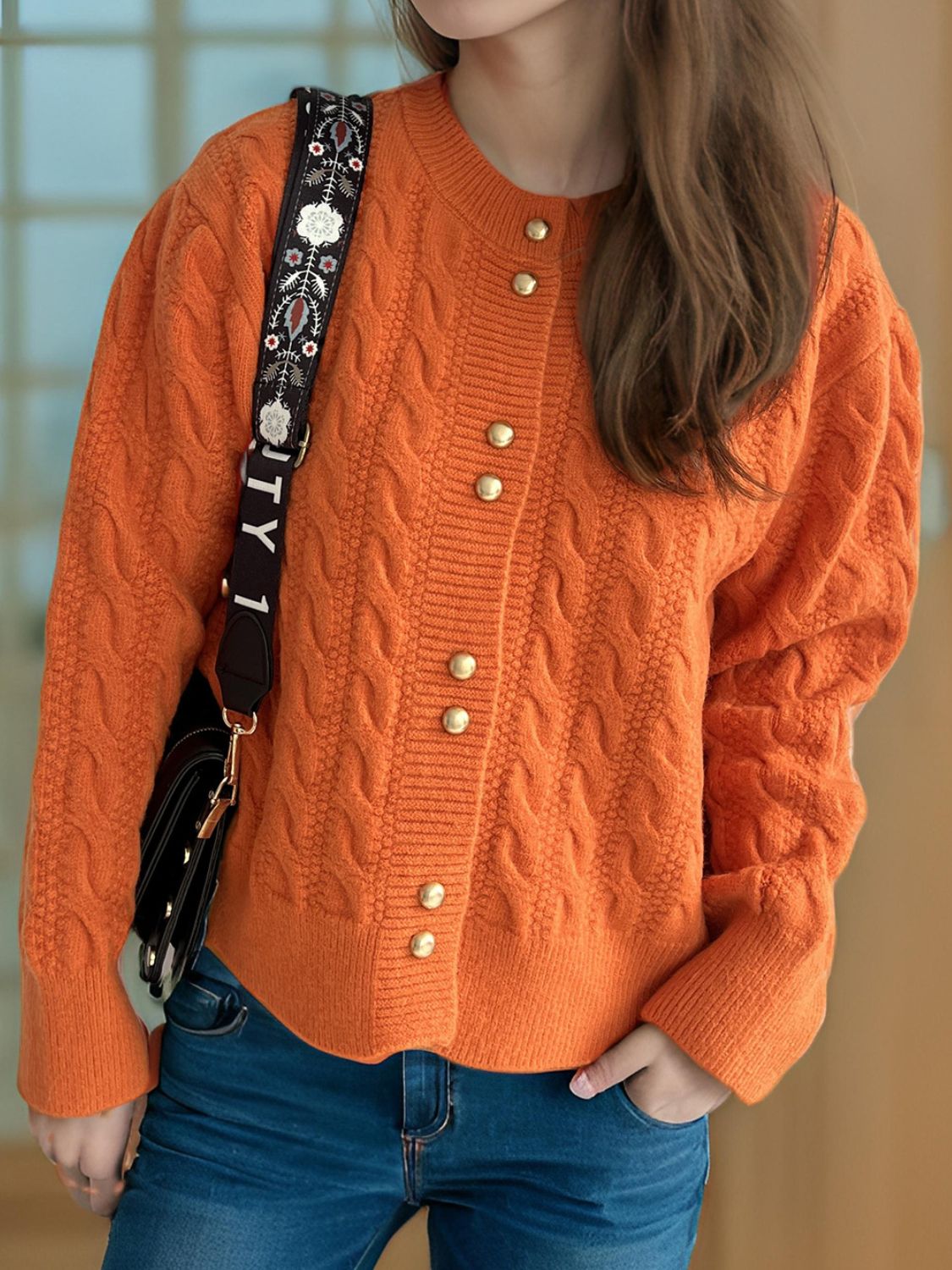 Cable-Knit Round Neck Long Sleeve Cardigan f527f067-076e-454a-b919-43cf33ca7c3e-Max Glownestbest