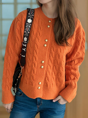 Cable-Knit Round Neck Long Sleeve Cardigan f527f067-076e-454a-b919-43cf33ca7c3e-Max Glownestbest
