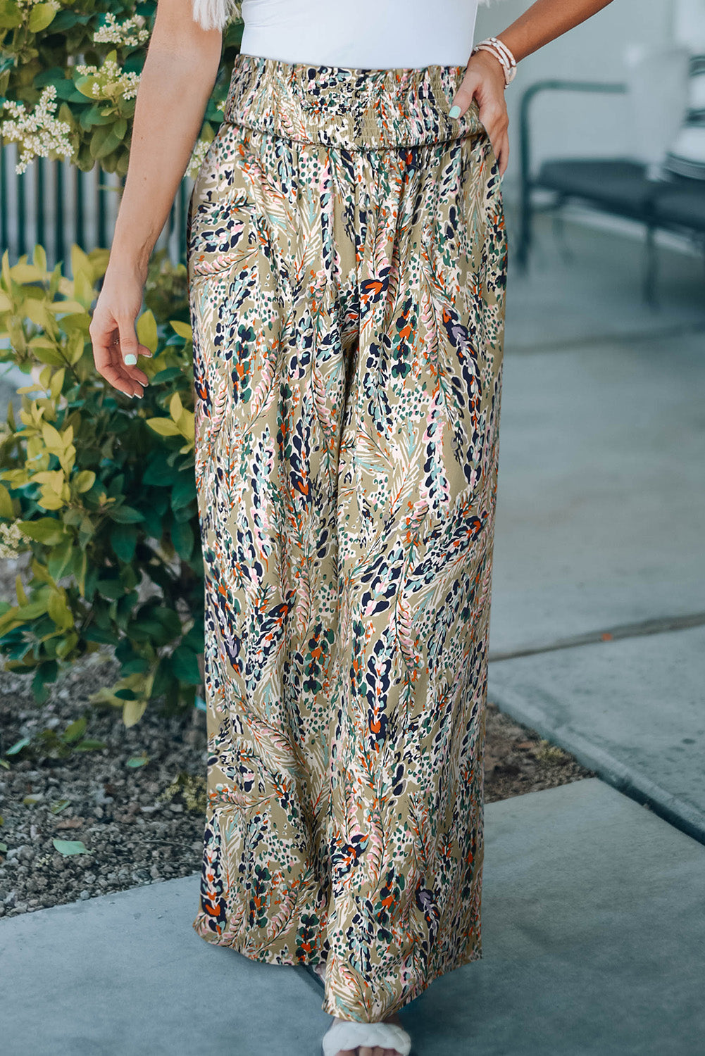 Printed Smocked Waist Wide Leg Pants Multicolor f584b72bbd814ec0bacb9877a7b076a7-Max Trendsi