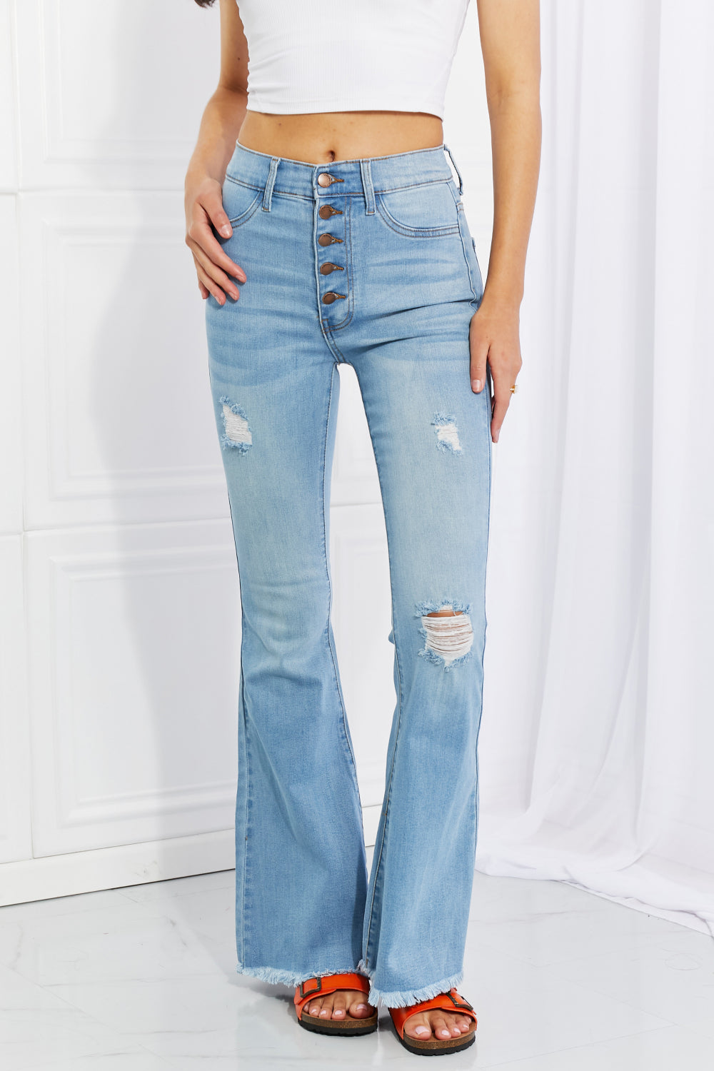 Vibrant MIU Full Size Jess Button Flare Jeans Light f60e4325e9054c7f92712fdc4f70abec-Max Trendsi