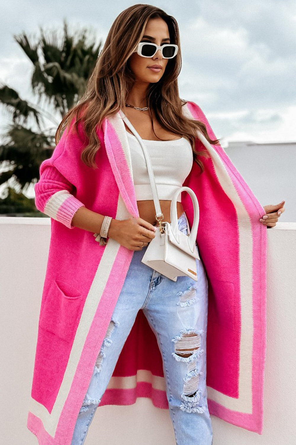 Pocketed Contrast Long Sleeve Hooded Cardigan Hot Pink One Size f65c4856-c6b7-4619-88fe-cf8508662b4c-Max Glownestbest