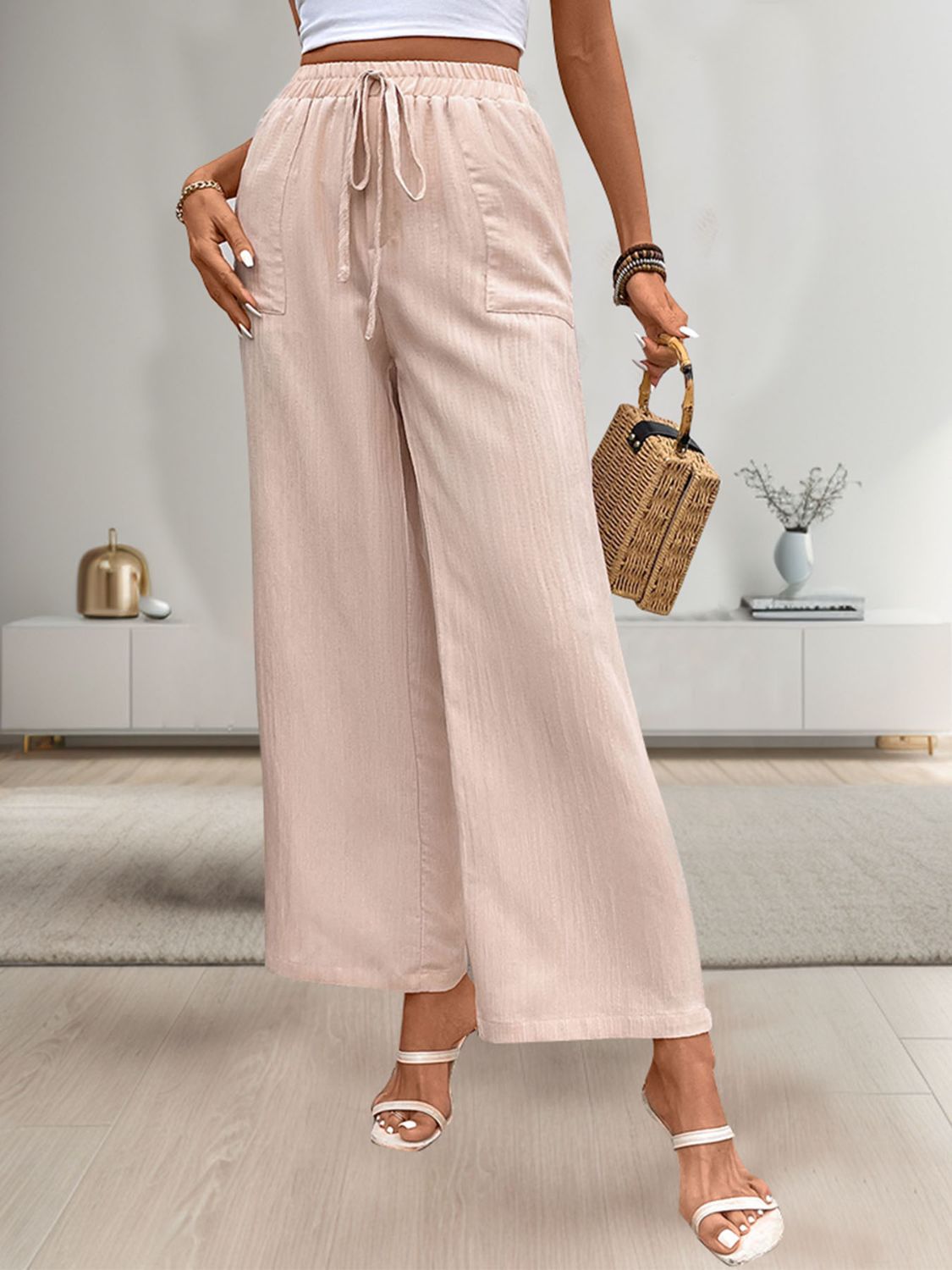 Perfee Tied Wide Leg Pants with Pockets Apricot f71573cf-06fa-4fb3-a1d8-a78b457337cd-Max Trendsi