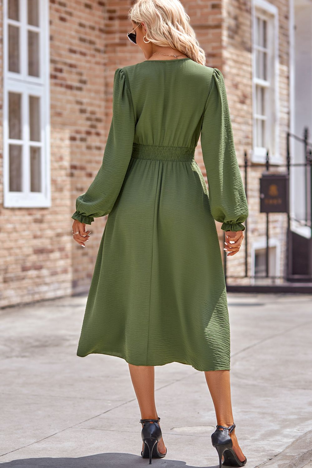 Smocked V-Neck Flounce Sleeve Midi Dress f7fb58e2-0c03-4dad-8800-90c27c53ab89-Max Glownestbest