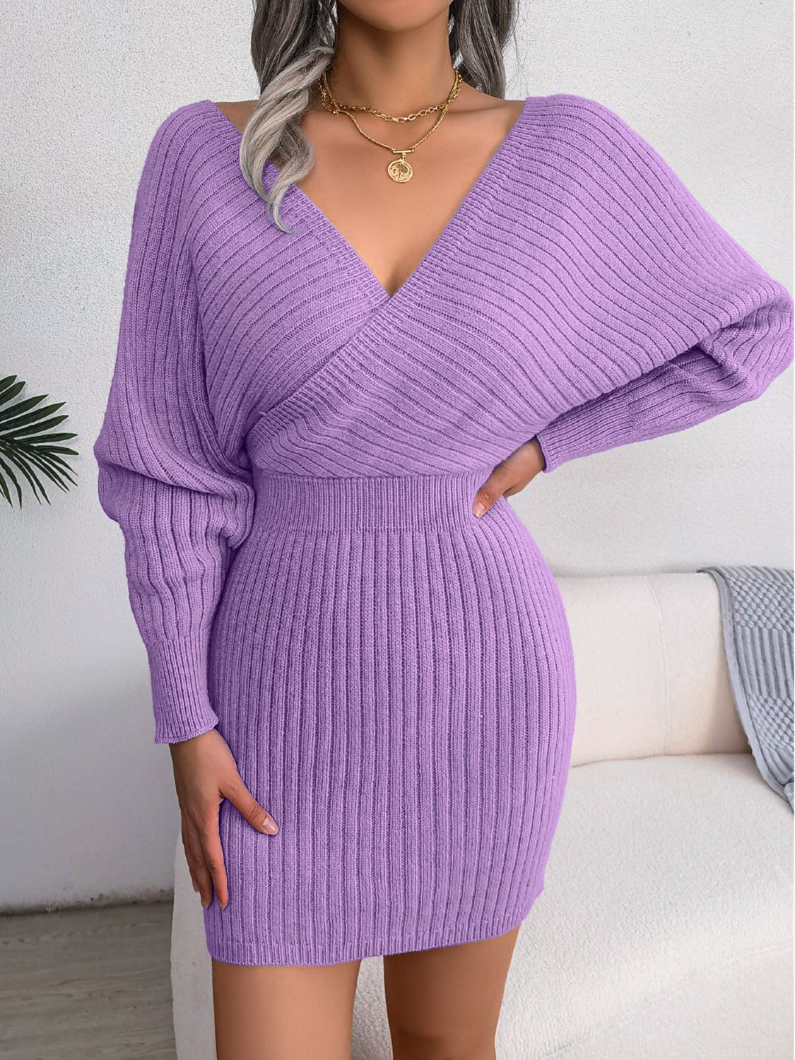 Rib-Knit Dolman Sleeve Sweater Dress Heliotrope Purple f853c598d9084f4bacc814a2b7df655d-Max Glownestbest