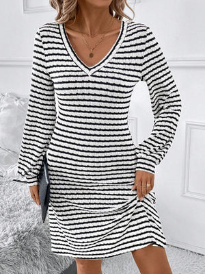 Striped V-Neck Long Sleeve Dress f89988e8-1f0b-4e5a-905c-3ab10fa48f68-Max Glownestbest