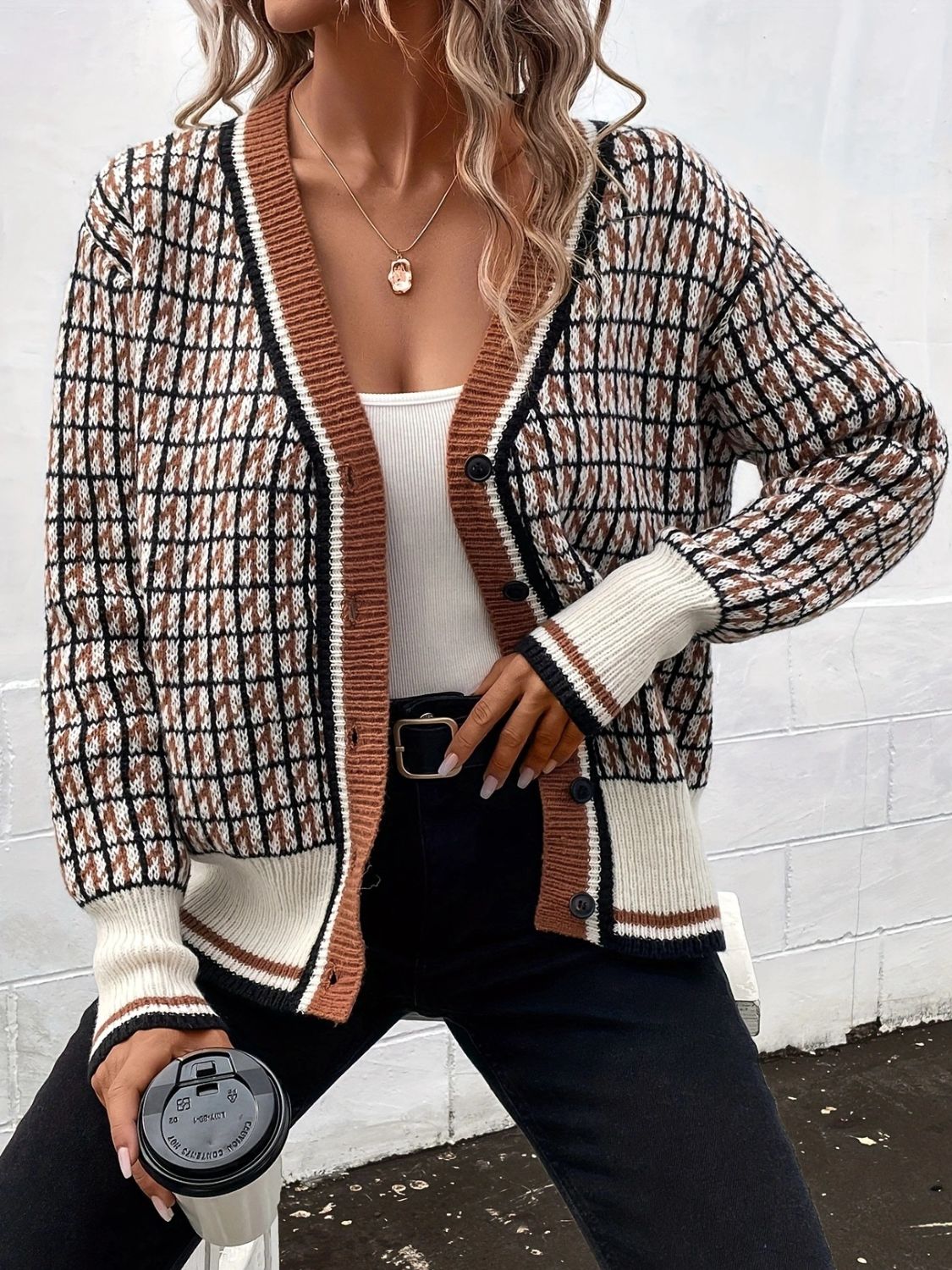 Plaid V-Neck Button Up Cardigan f934147e-bafc-45aa-9b68-ab16c61412ec-Max Glownestbest