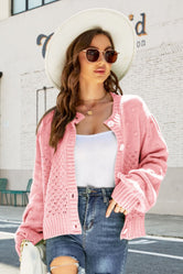 Woven Right Openwork Pompom Puff Sleeve Cardigan Pink f94b64fc13df48658147c30a14a01ef9-Max Glownestbest