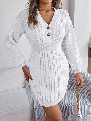 Buttoned Cable-Knit V-Neck Sweater Dress f983ad3ac826483f90ff1aa037502514-Max Glownestbest