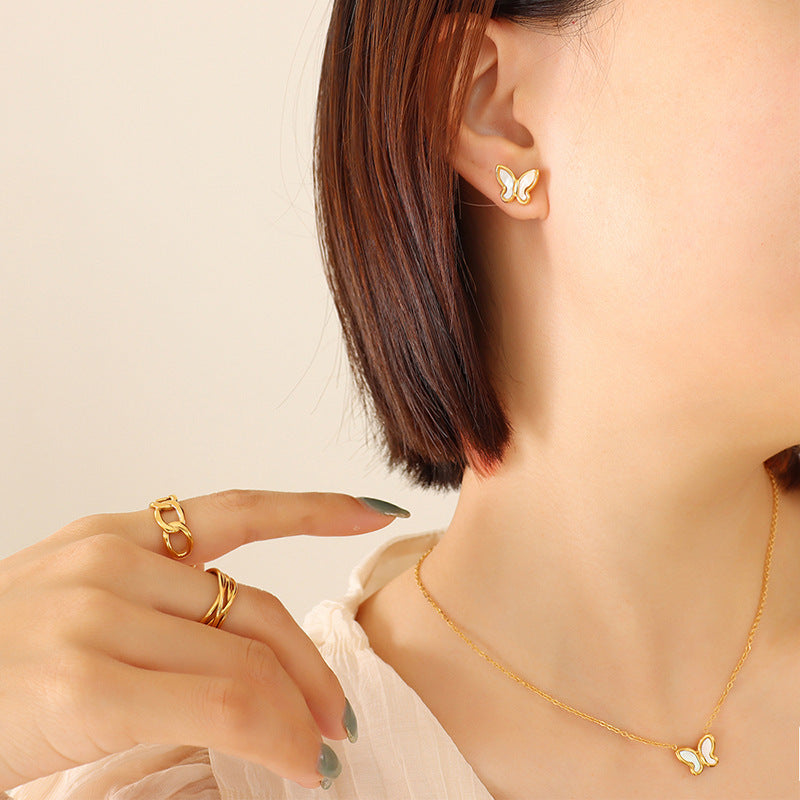 18k Gold Simple Butterfly White Seashell Design Necklace Earrings Set f990e610-93e8-47b9-9126-d111cd9ad354 Artshiney