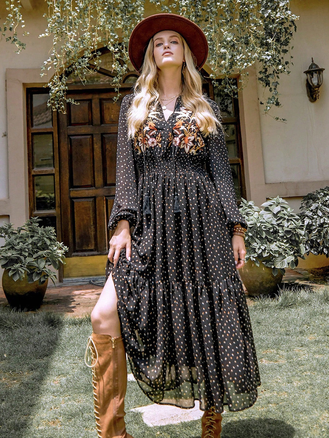 Embroidered Polka Dot Tie Neck Long Sleeve Midi Dress Black f9d3095b-5fdb-4cd9-9ac2-a60e0b4d3846-Max Glownestbest