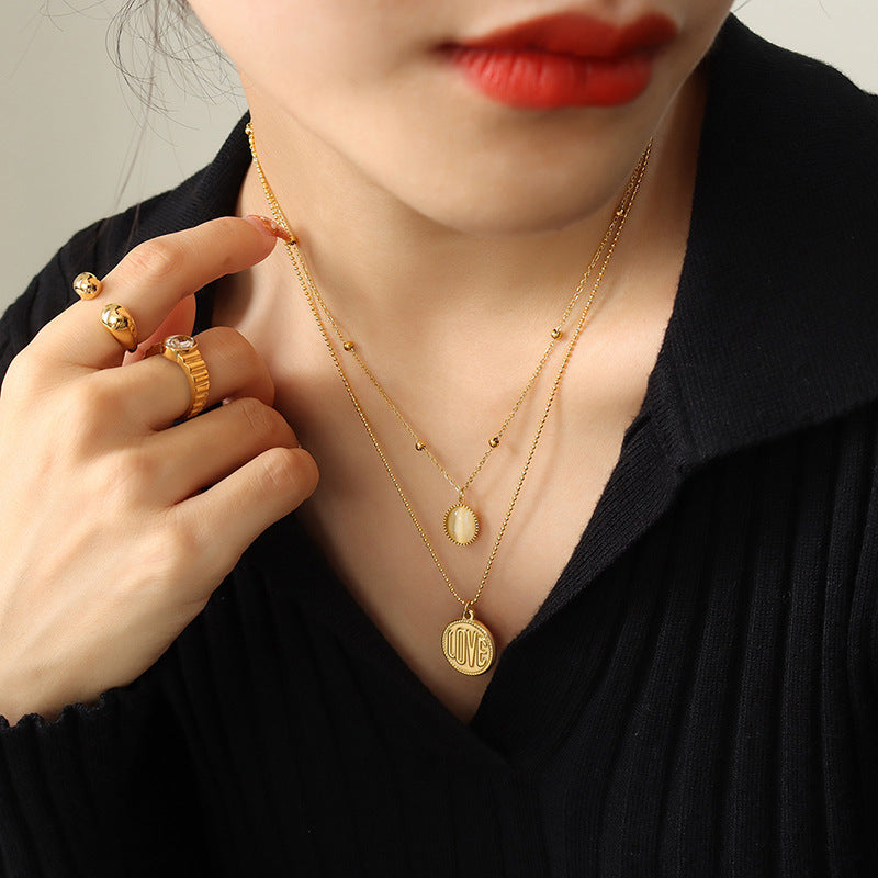 18K Gold Classic Simple LOVE Round Plate with Opal Double Layer Necklace fa8904e7-39c3-44e0-b0f8-53231905a70e Artshiney