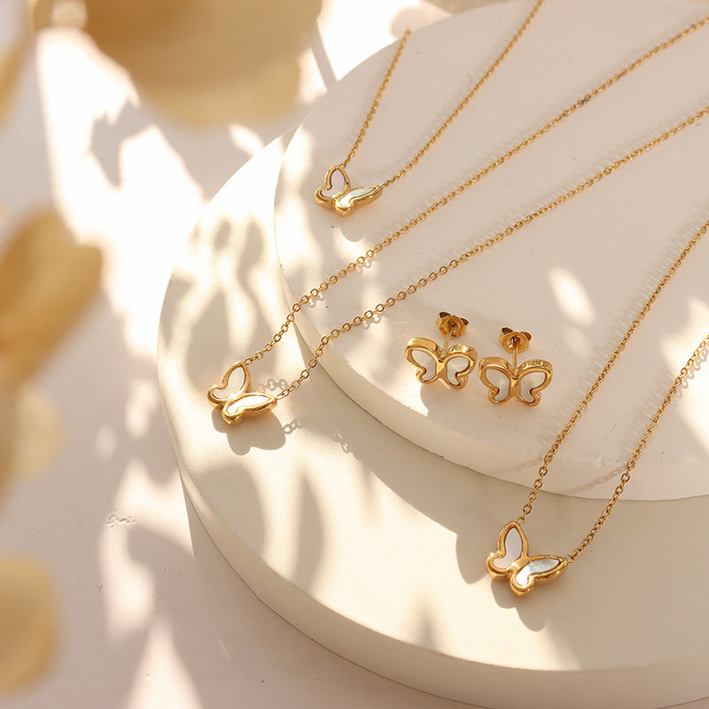18k Gold Simple Butterfly White Seashell Design Necklace Earrings Set fb60c719-00cc-48a3-918c-c272fa6d88ae Artshiney