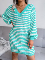 Striped V-Neck Long Sleeve Mini Sweater Dress Tiffany Blue fb8777e8-ef38-40c0-88d9-49a7270611fe-Max Glownestbest
