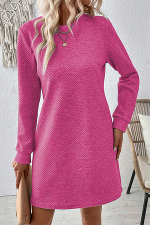 Textured Round Neck Long Sleeve Mini Dress fc2553a6-9e6f-4855-b47b-3d4216edee4b-Max Glownestbest