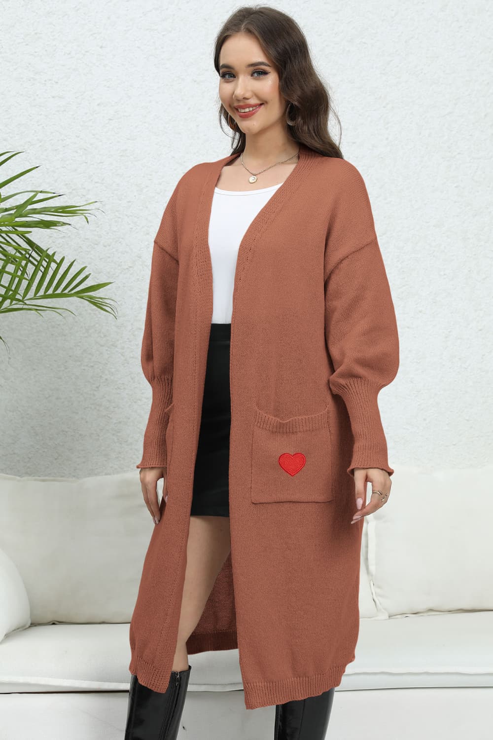 Lantern Sleeve Open Front Pocketed Cardigan fc87518363ff424596b5c9f0e04855be-Max Glownestbest