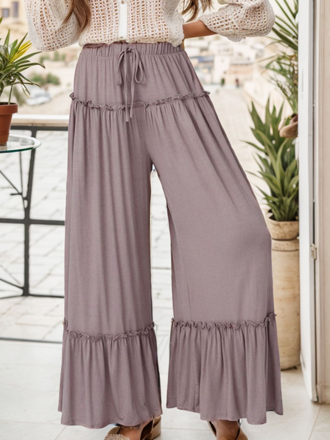 Wide Leg Ruffle Trim Pants fc875a69-ceaf-4b51-a7e0-828f7e531cfb-Max Trendsi