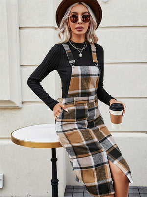 Slit Plaid Wide Strap Overall Dress fd1dad41-e841-4a60-b738-8ef0fbc359f2-Max Glownestbest