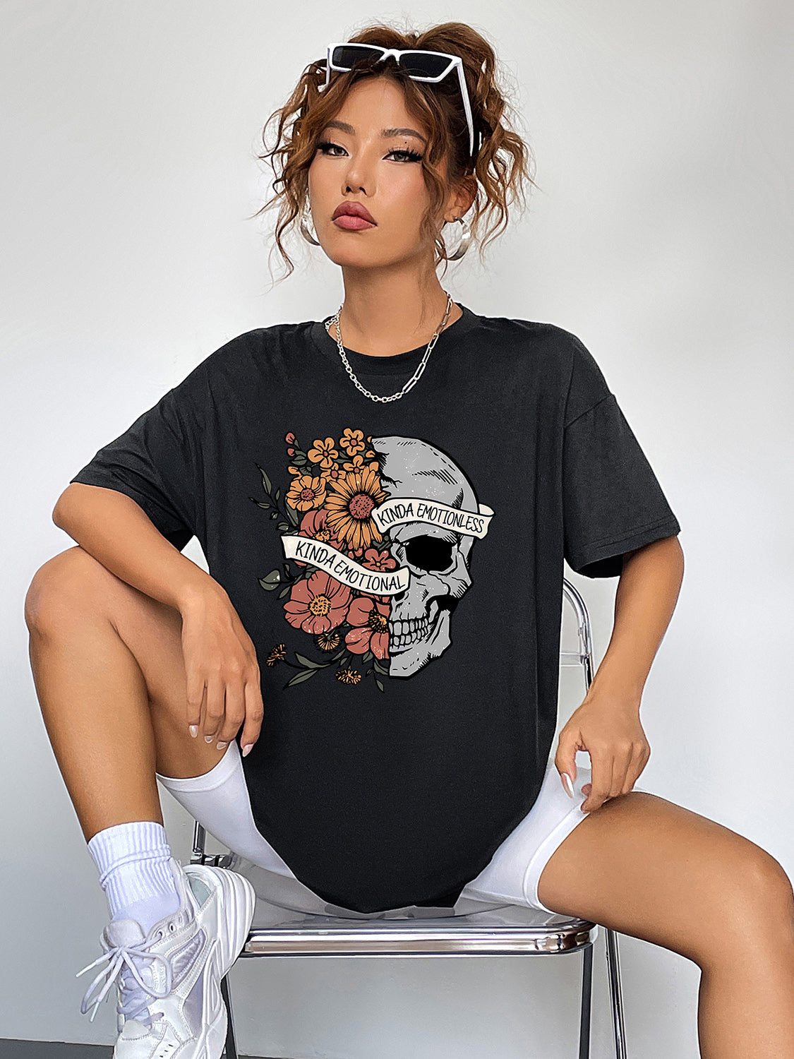 Glownestbest ® | Round Neck Short Sleeve Skull & Floral Graphic T-Shirt Black fd5df23ed89a49b2812c978fa509cff6-Max Glownestbest