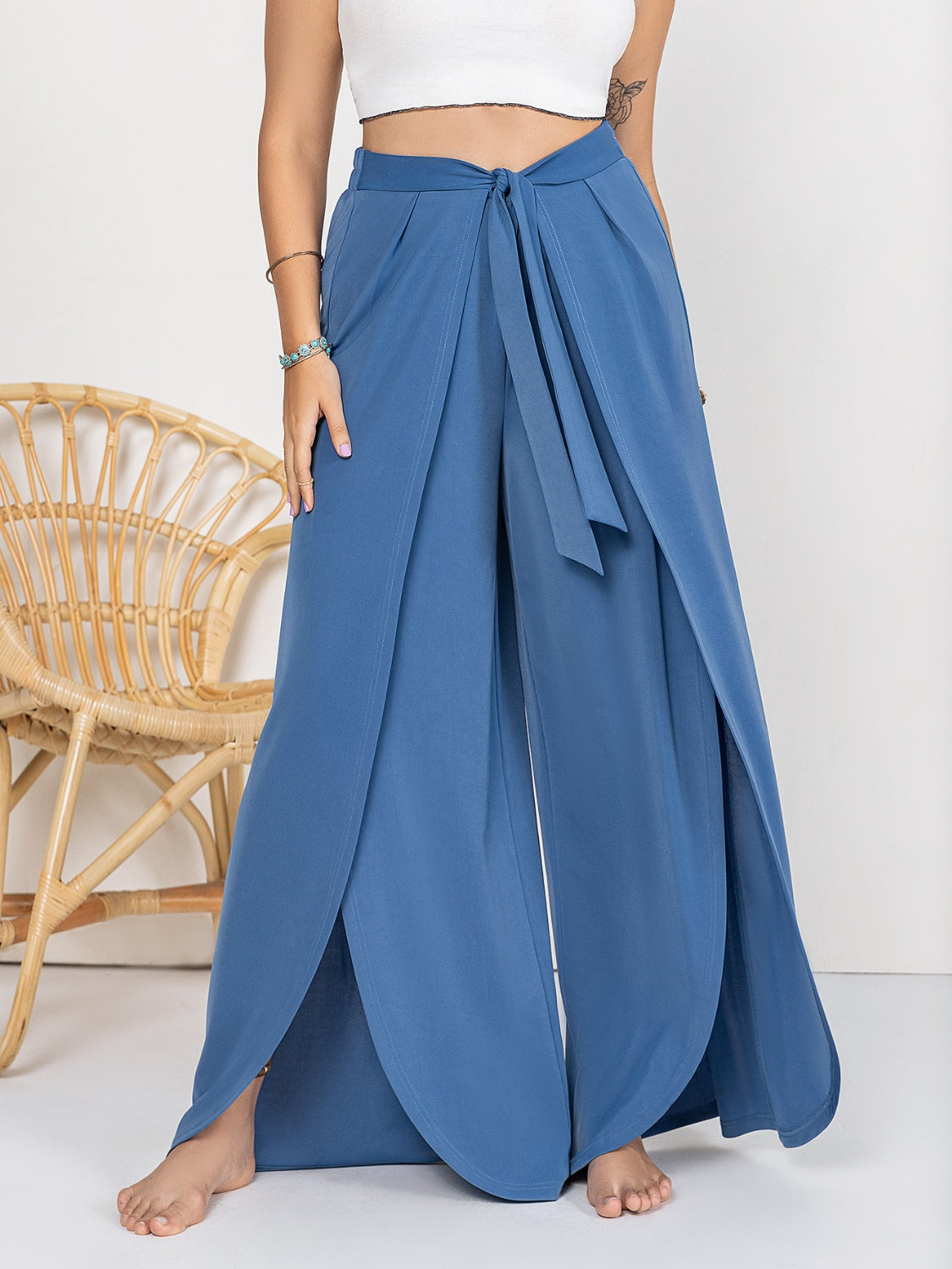 Plus Size Tied Slit Wide Leg Pants Dusty Blue fd7938e0-5416-4a41-a8b1-a47117d9bef9-Max Trendsi