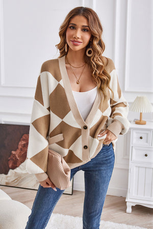 Geometric Lantern Sleeve Cardigan with Pockets fe5e6d1d7ae343129d8ea4d91d0c150f-Max Glownestbest