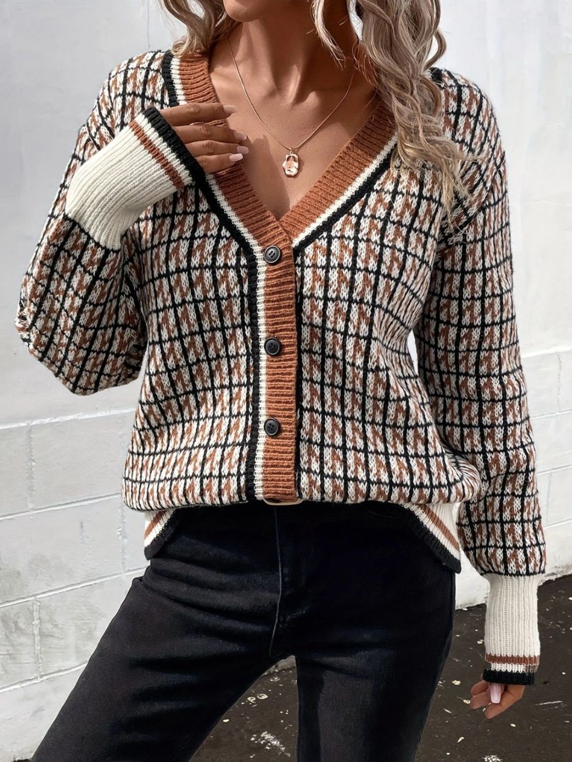 Plaid V-Neck Button Up Cardigan Caramel One Size fe7295d0-f7c2-4069-bac5-0596c753e575-Max Glownestbest