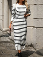 Striped Round Neck Long Sleeve Dress White feba7ff4-0125-4bf8-8586-b5b454b0e64d-Max Glownestbest