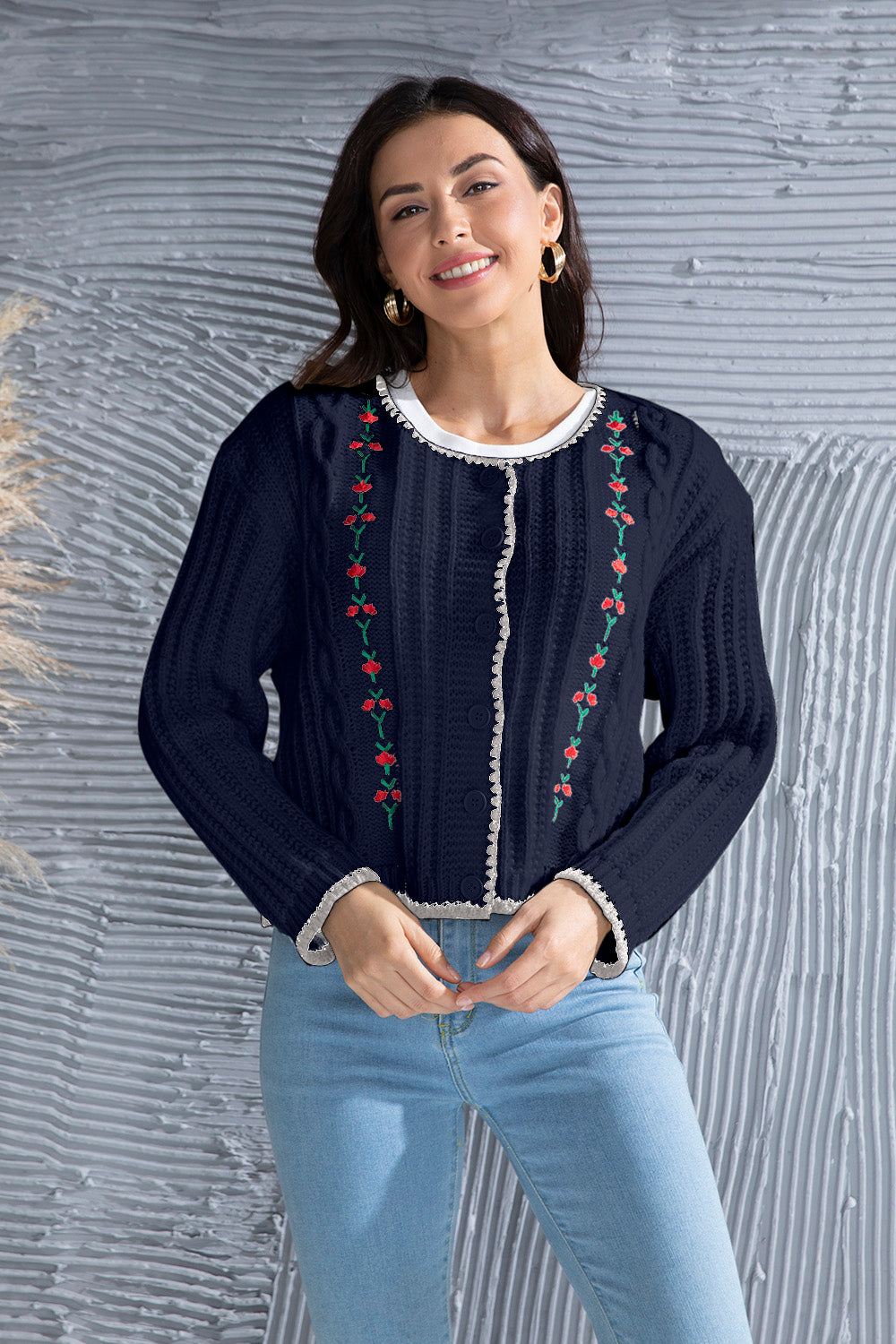 Graphic Cable-Knit Button Up Cardigan Dark Blue fec7f2c4-a1a3-423d-b1ba-ba954d67a5c0-Max Glownestbest