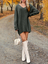 V-Neck Dropped Shoulder Sweater Dress Dark Gray ff13fa3e-b736-4ea5-87a4-0b681711b126-Max Glownestbest