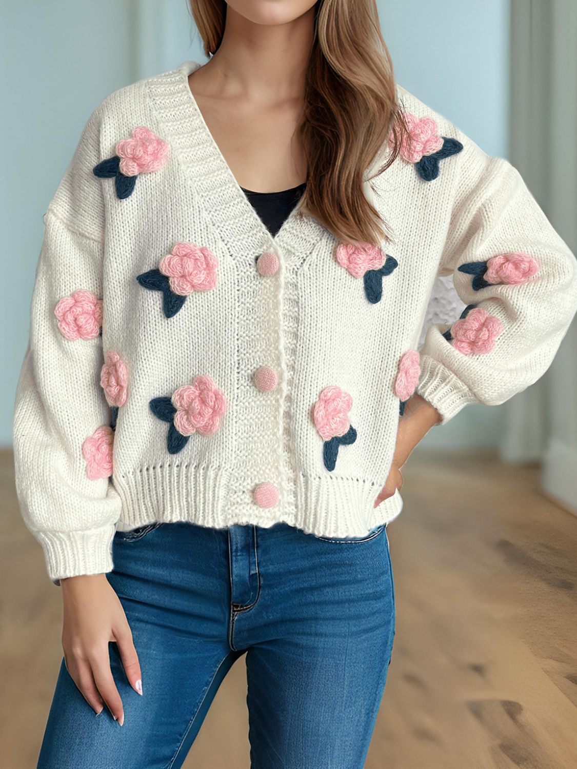 Flower Button Down V-Neck Long Sleeve Cardigan Blush Pink One Size ff1933bf-7b51-4a0b-a24b-5045975a707a-Max Glownestbest