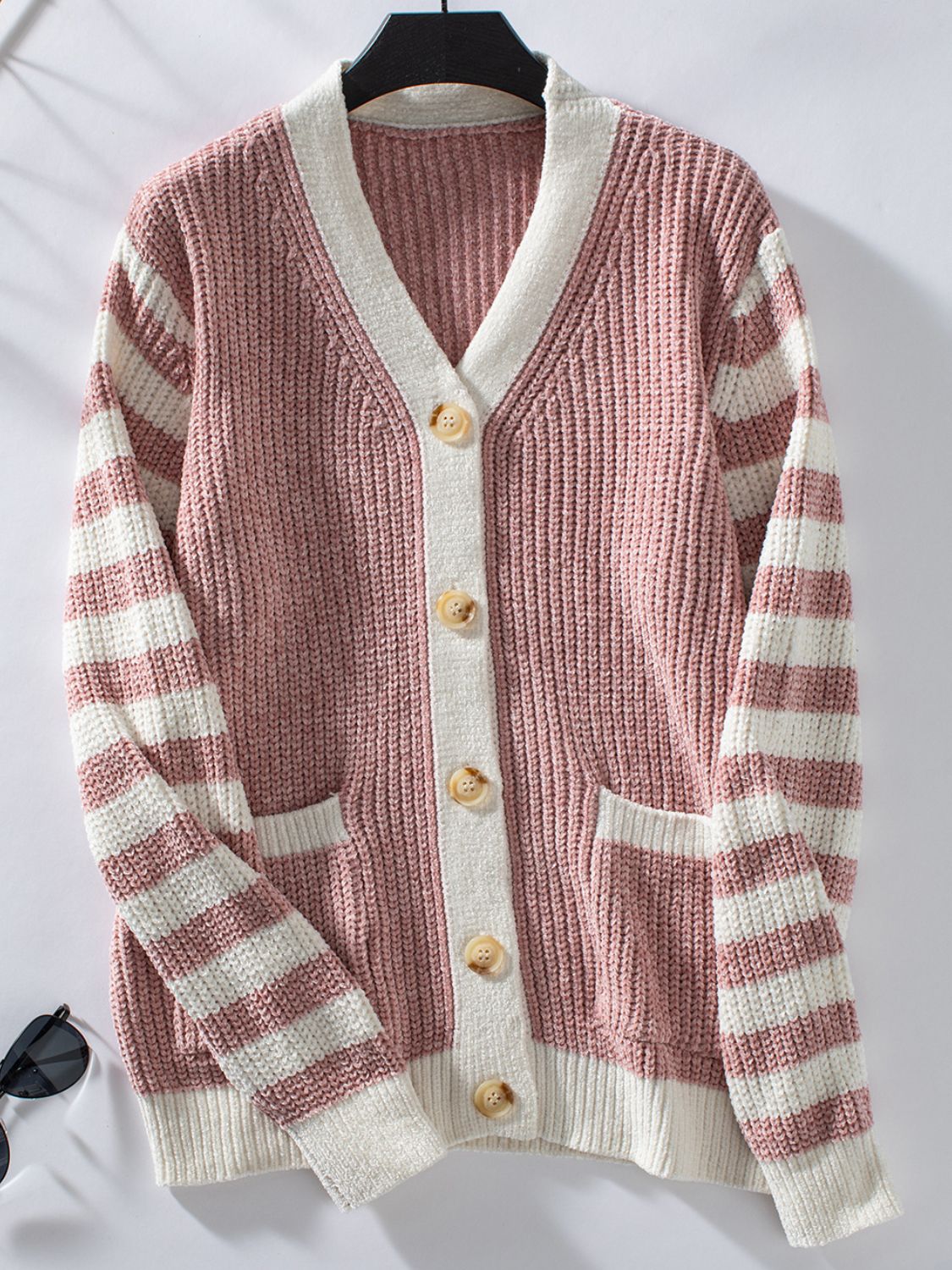 Striped Button Up Long Sleeve Cardigan Dusty Pink ff3d0767-2b83-441b-b78b-9fab413e3508-Max Glownestbest