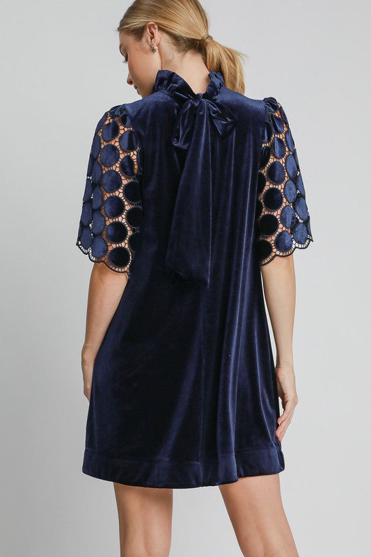 Umgee Dotted Lace Half Sleeve Mock Neck Back Tie Velvet Dress ff5e93e0-7fee-4367-8167-77be7b8e3d07-Max Trendsi